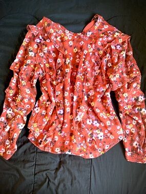 Women’s Red Floral Ruffle Long-Sleeve Blouse